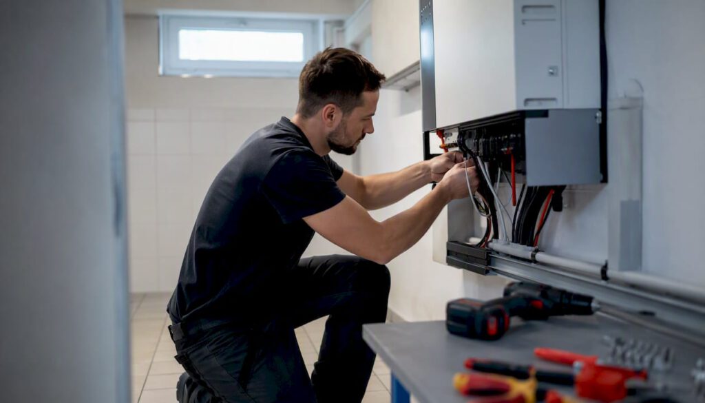 Ein Techniker installiert die Verkabelung einer Photovoltaik-Batterie im Eigenheim.