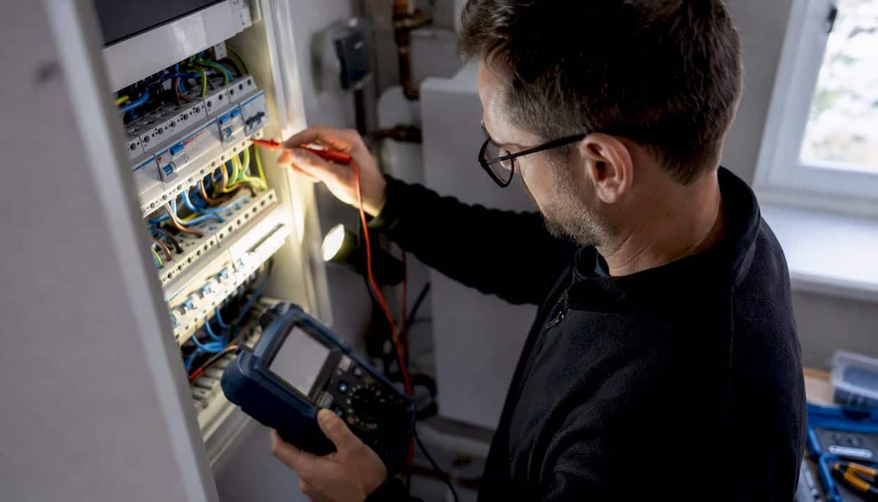 Ein Elektriker prüft den Fehlerstromschutzschalter mit einer Stromzange.