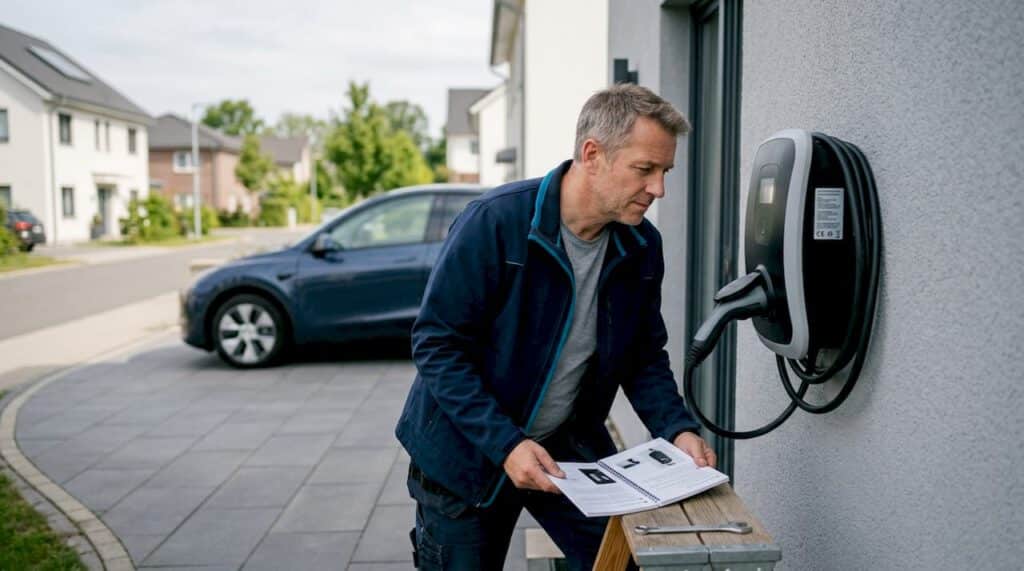 Elektroauto-Ladestation zuhause: Was Sie wirklich brauchen 6 Ein Mann kontrolliert die Montage seiner Wallbox an der Hauswand.