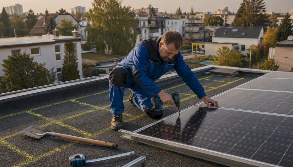 Ein Monteur installiert eine Photovoltaikanlage auf dem Hausdach.