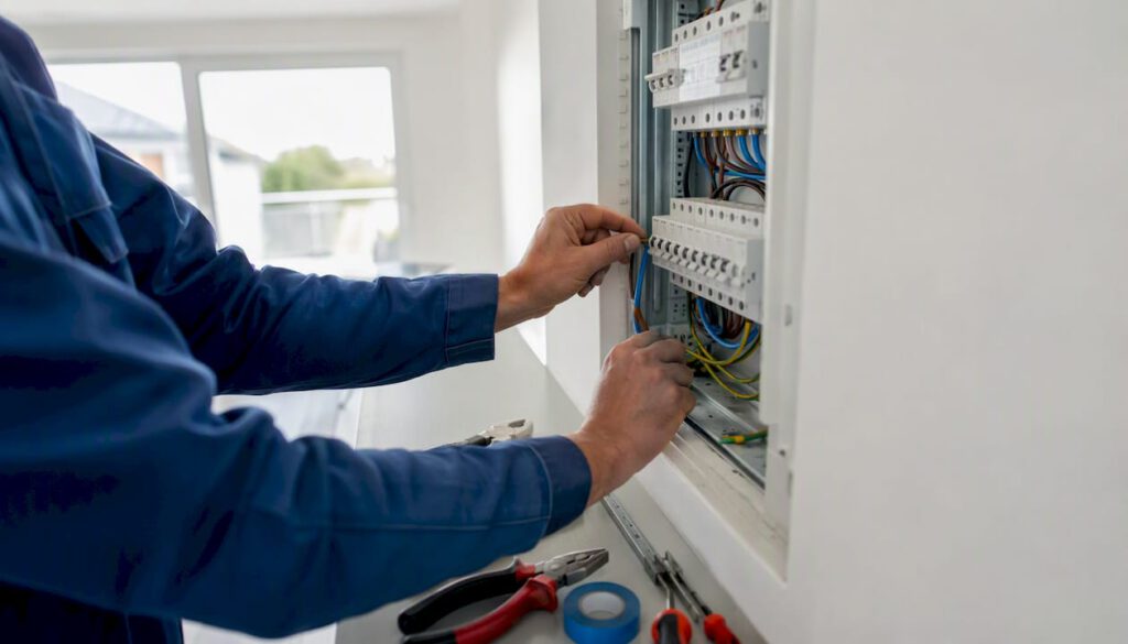 Ein Elektriker montiert einen neuen Sicherungskasten.
