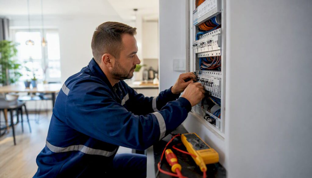 Qualifizierten Elektriker in Öhringen finden: So geht's 4 Ein Elektriker arbeitet konzentriert an der Verdrahtung eines Sicherungskastens.