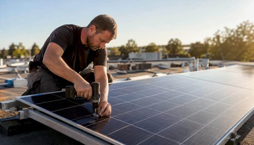 Detailaufnahme einer Solaranlage, die auf einem Hausdach installiert wird