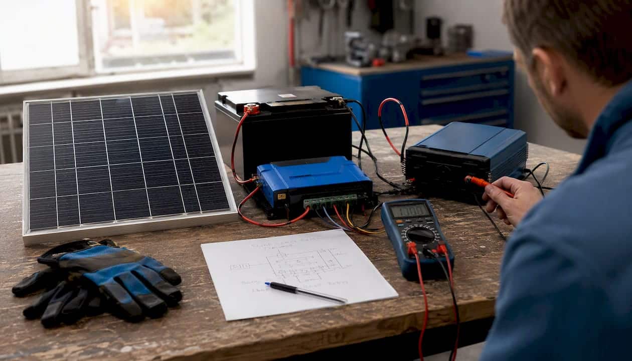 Autarke Photovoltaikanlage: Praxisleitfaden für Privatpersonen 2 Detailansicht von Bauteilen einer Solaranlage auf einer Werkbank