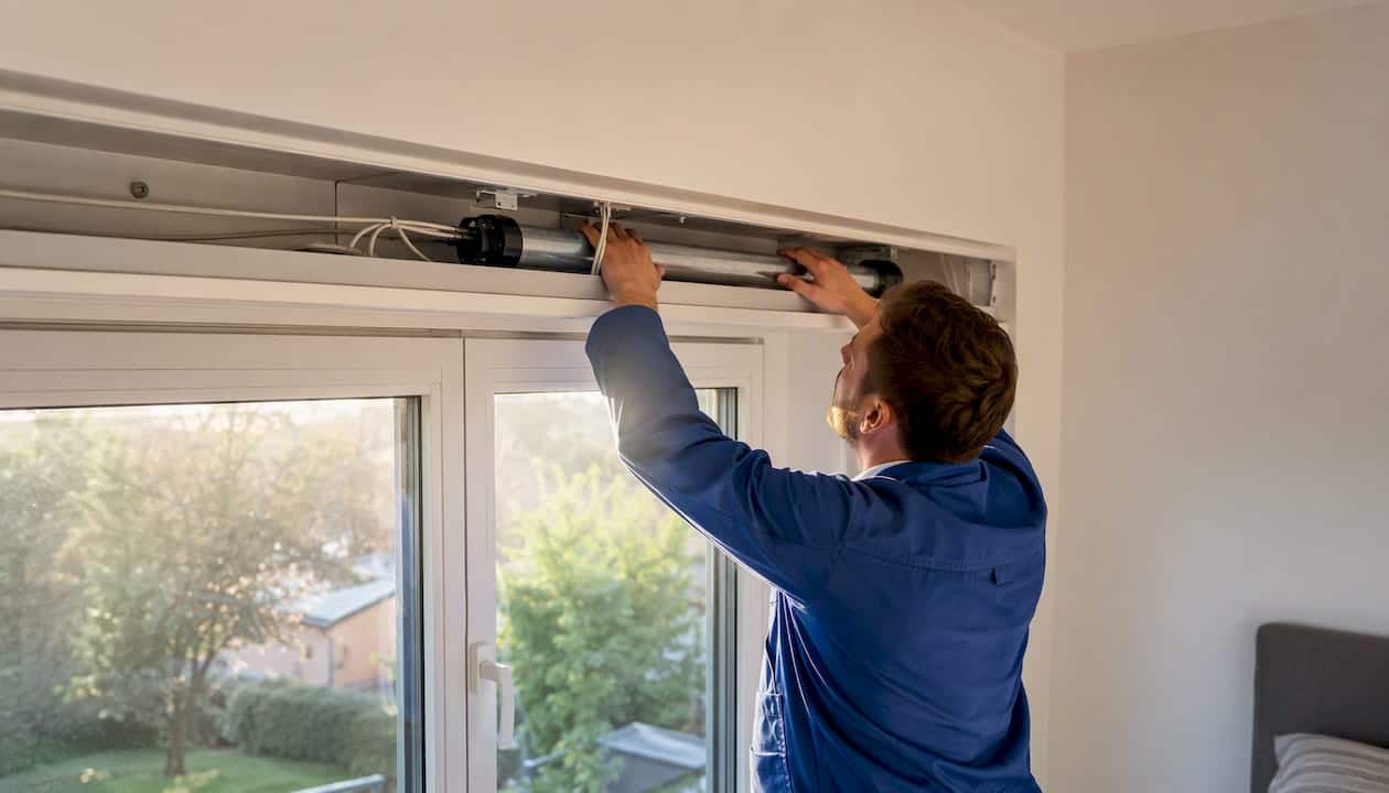 Elektriker montiert einen Rollladenmotor Elektriker montiert einen Rollladenmotor