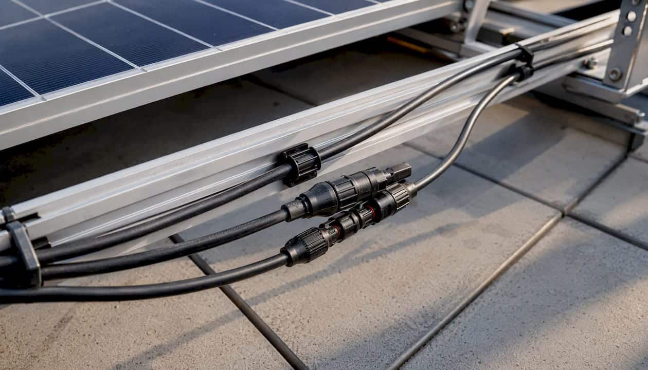 Solaranlage Funktionsweise: Technisch erklärt 2 Detailaufnahme des Anschlusses der Gleichstromkabel an einem Solarmodul