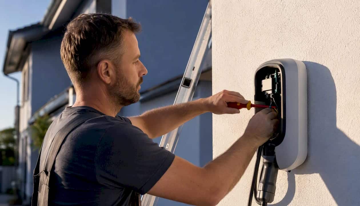 Eine Person montiert eine Ladestation für Elektroautos an der Außenwand.