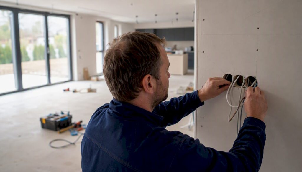 Ein Elektriker verlegt im Wohnhaus neue Leerrohre für die Elektroinstallation.