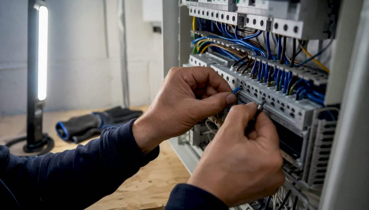 Stellenangebote bei Elektrotechnik Marcus Ernst in Augsburg 1 Ein Elektriker schließt Drähte im Sicherungskasten an.