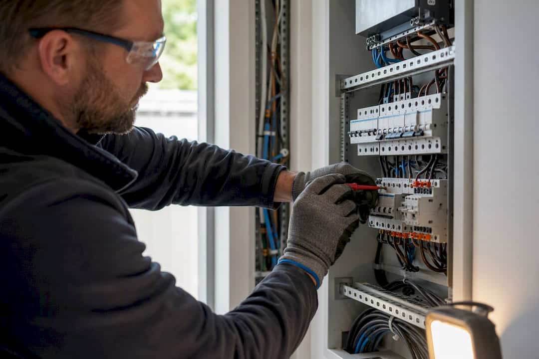 Elektriker installiert Sicherungsautomat im Hausverteiler