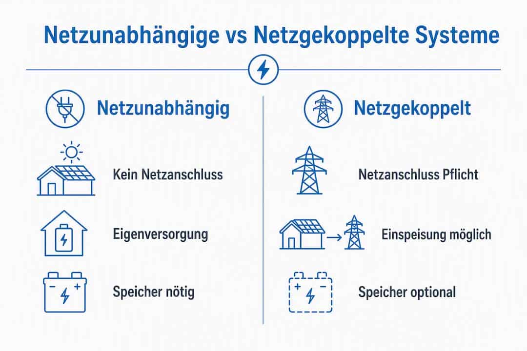 Infografik: Gegenüberstellung von autarken und netzgebundenen Solaranlagen