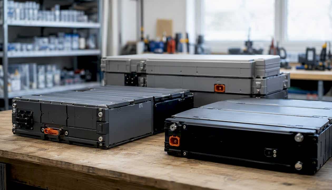 Auf dem Tisch stehen verschiedene Batterie-Speichermodule in unterschiedlichen Größen.