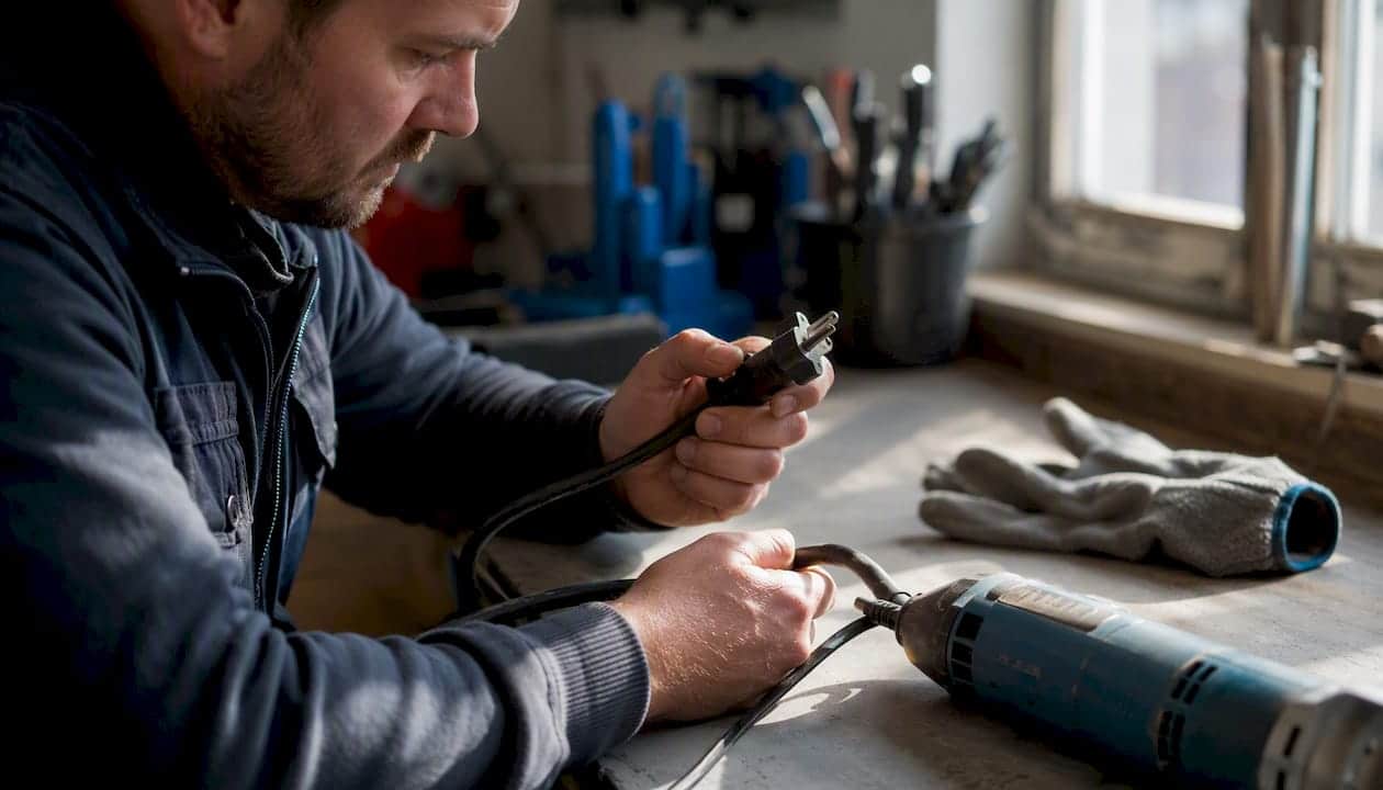 Elektrische Geräte prüfen: Leitfaden für Unternehmen 1 Ein Techniker prüft das Stromkabel und den Stecker sorgfältig auf mögliche Schäden.