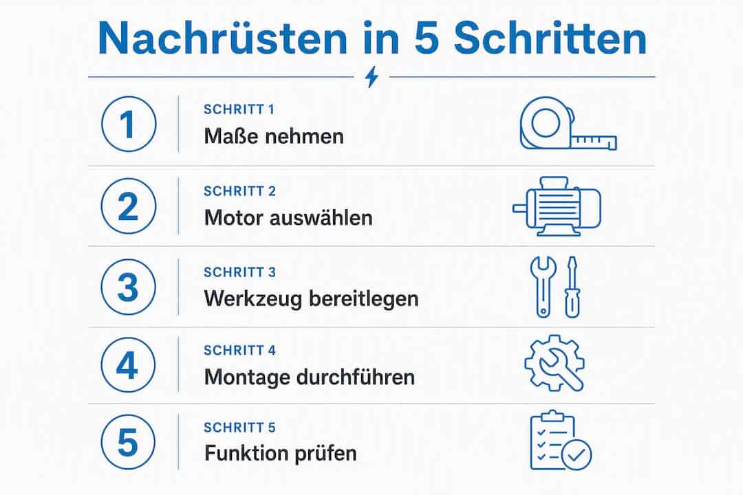 Rollo elektrisch nachrüsten: Kosten, Montage & Tipps 1 So gelingt die Elektrifizierung: Fünf Schritte im Überblick – anschaulich erklärt in unserer Infografik.