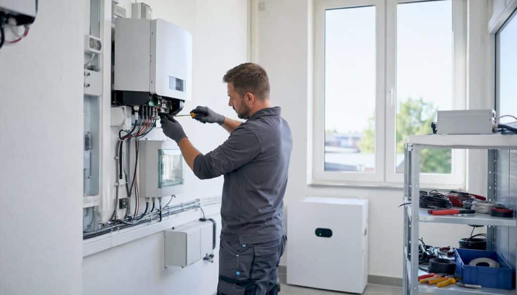 Stellenangebote bei Elektrotechnik Marcus Ernst in Augsburg 1 Ein Elektriker schließt einen Wechselrichter für die Photovoltaikanlage an.