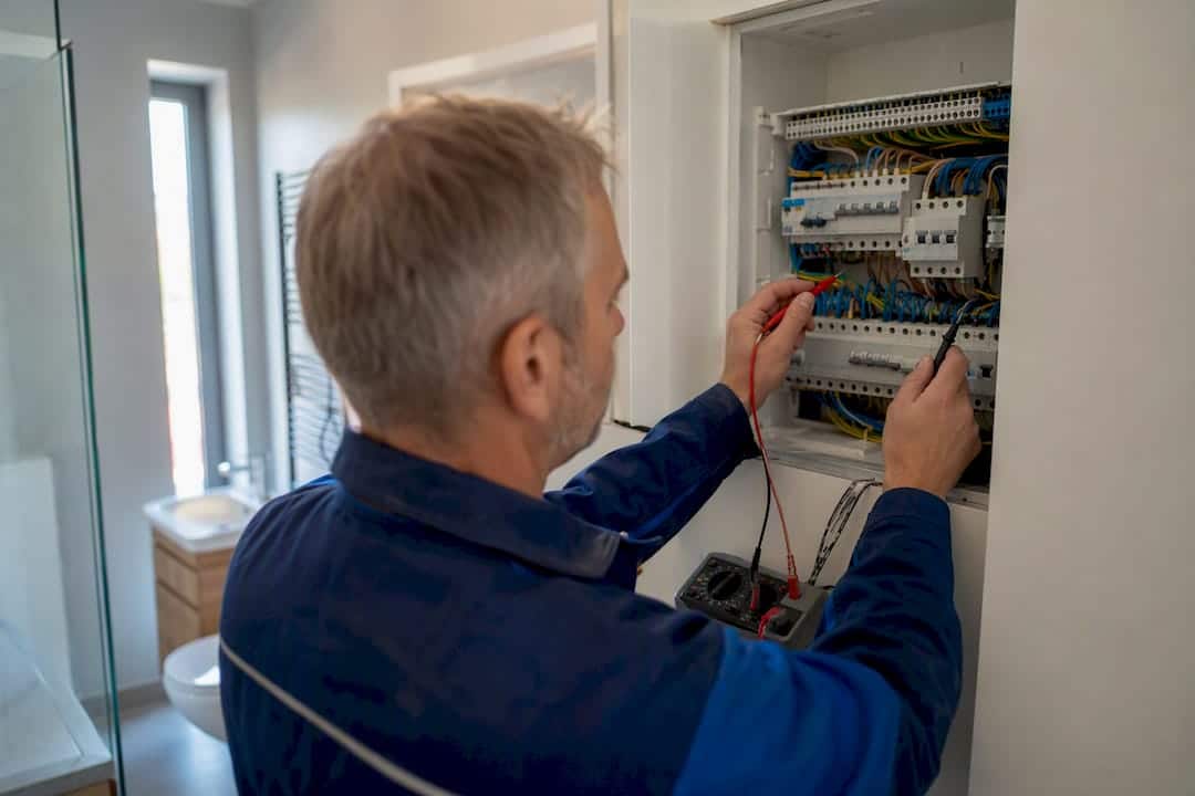 Elektriker überprüft die elektrische Hausverteilung Elektriker überprüft die elektrische Hausverteilung