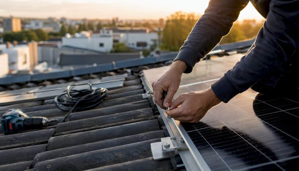 Was kostet eine PV-Anlage mit 10 kWp? Preise 2026 1 Ein Elektriker montiert eine Solaranlage auf dem Dach.