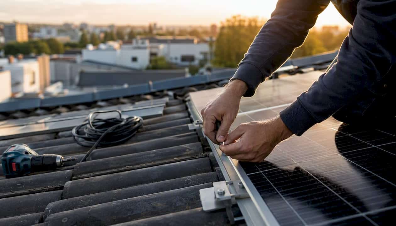 Ein Elektriker montiert eine Solaranlage auf dem Dach.