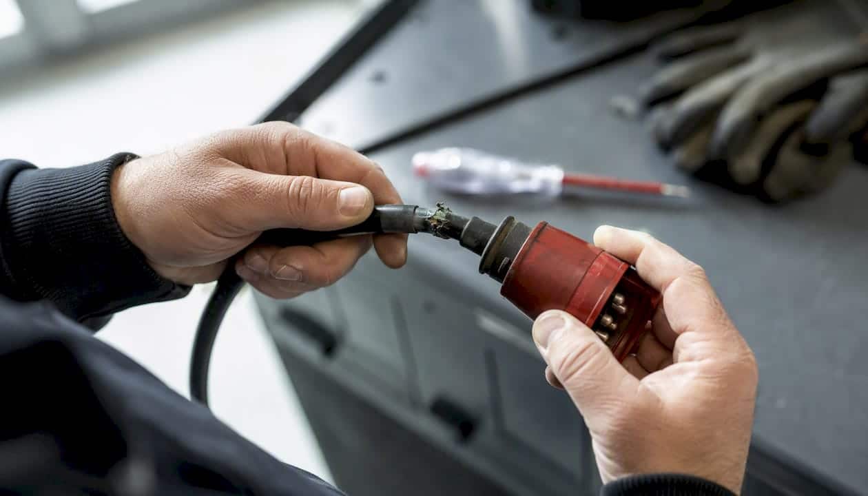 Ein Elektriker überprüft das Kabel eines elektrischen Geräts auf seine Funktionstüchtigkeit. Ein Elektriker überprüft das Kabel eines elektrischen Geräts auf seine Funktionstüchtigkeit.