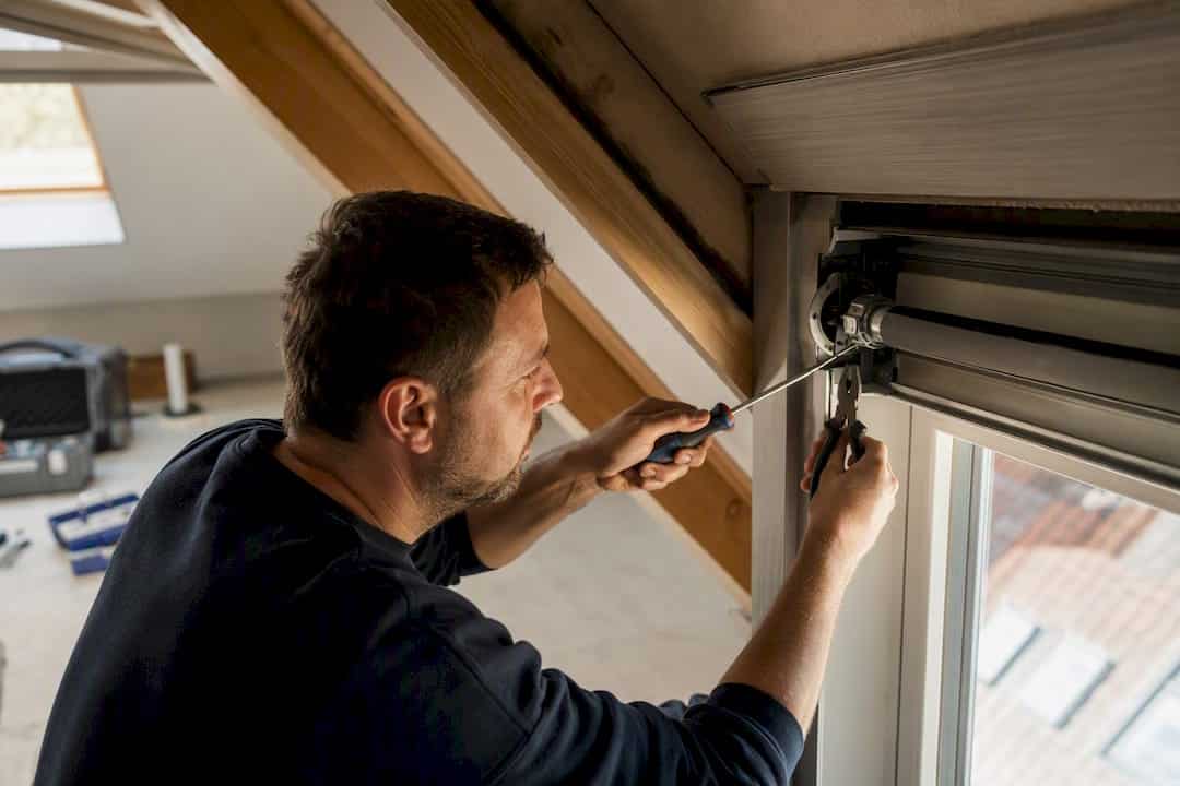 Elektriker beim Einbau eines Rohrmotors in die Rollladengondel