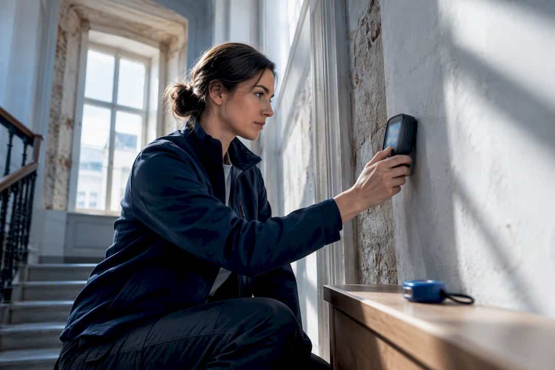 Energieberaterin prüft historische Altbauwand