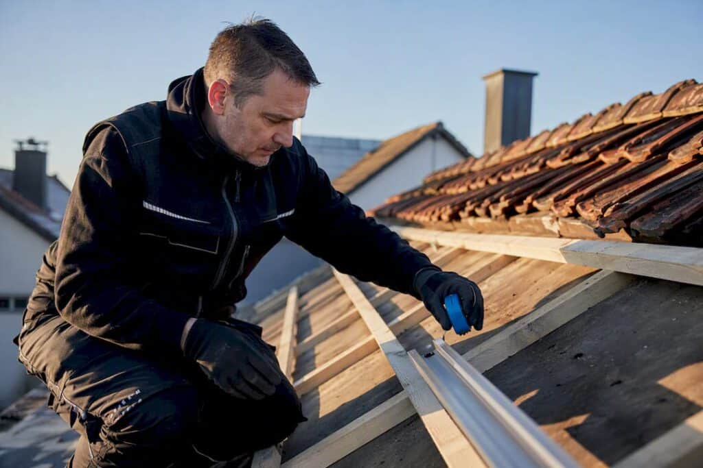 1.100–1.600 € pro kWp 2026, Praxiszahlen und Handwerksblick Augsburg 2 Techniker begutachtet Dachkonstruktion vor PV-Angebot