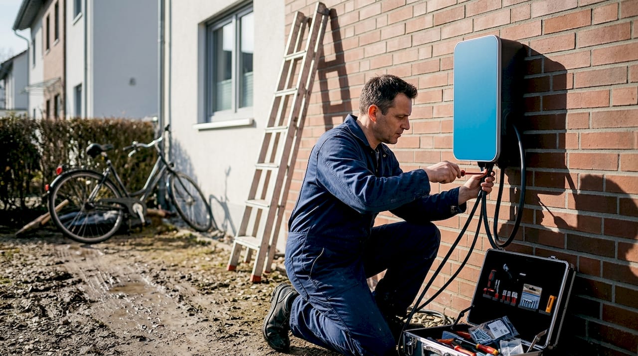 Ein Elektriker montiert eine Wallbox an der Außenwand eines Einfamilienhauses.