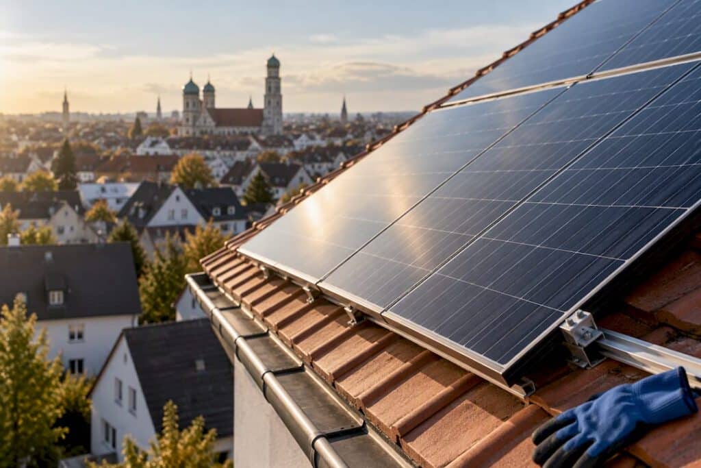 Teilansicht einer Solaranlage auf dem Hausdach