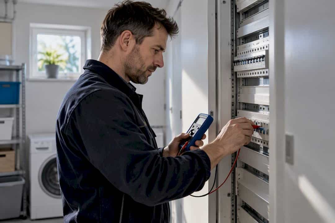 Elektriker kontrolliert älteren Zählerschrank im Hauswirtschaftsraum