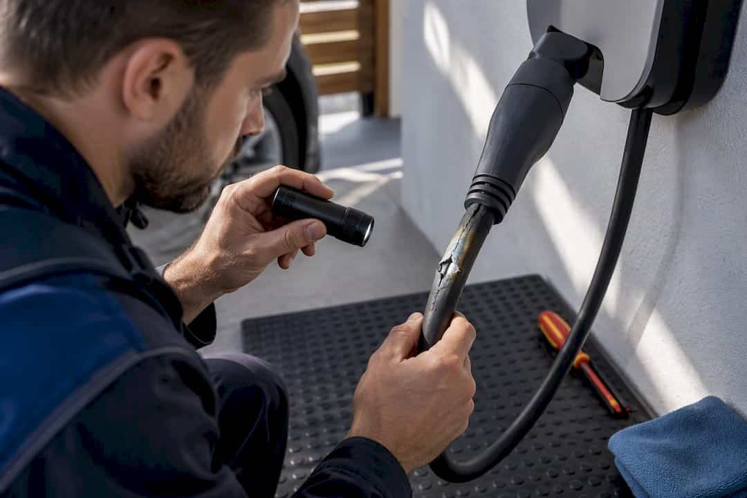 Elektrotechniker inspiziert beschädigtes Ladekabel der Wallbox