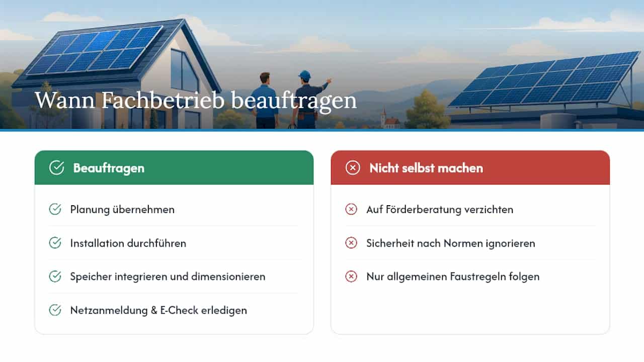 Wann PV, wann Solarthermie: Solartechnik einfach und lokal klären 2 Wann lohnt sich ein Fachbetrieb für Solartechnik? — overview diagram