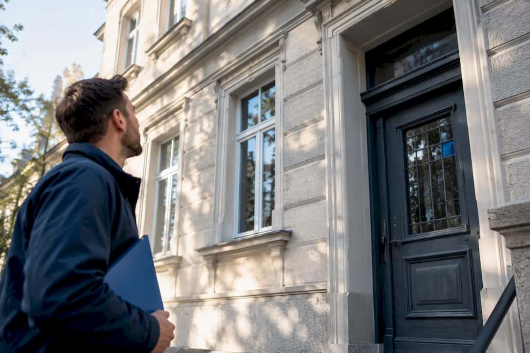 Denkmalgeschützte Fassade eines Altbaus mit historischen Fenstern