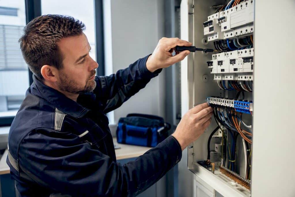 Elektromeister kontrolliert den elektrischen Zählerschrank
