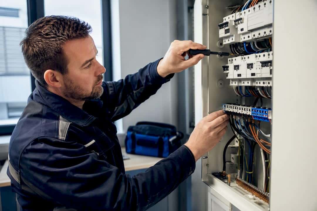 Elektromeister kontrolliert den elektrischen Zählerschrank