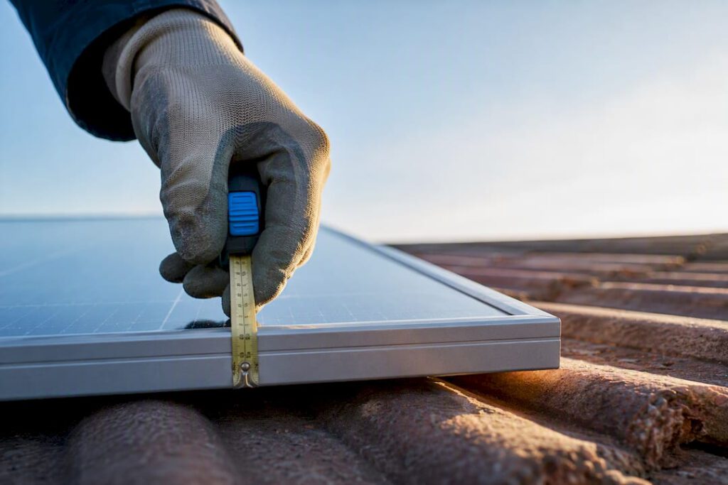 Unbekannter Rand eines Photovoltaik-Moduls mit Maßband