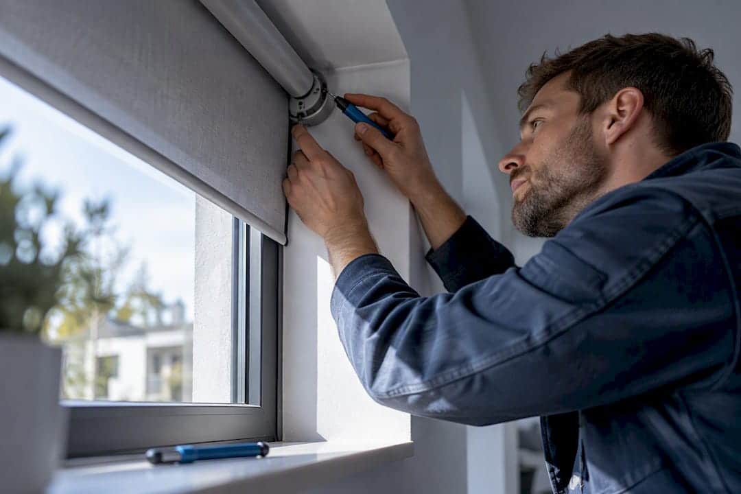 Elektriker überprüft den Antrieb eines Innenrollos Elektriker überprüft den Antrieb eines Innenrollos