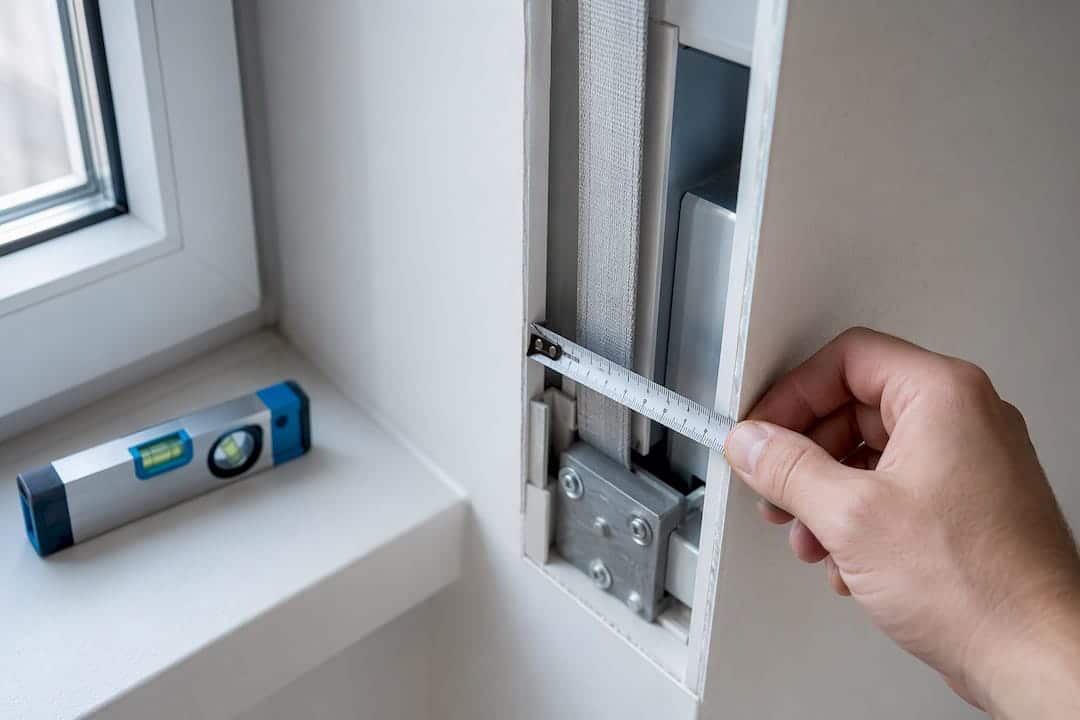 Mit dem Maßband wird die Einbautiefe im Gurtkasten überprüft
