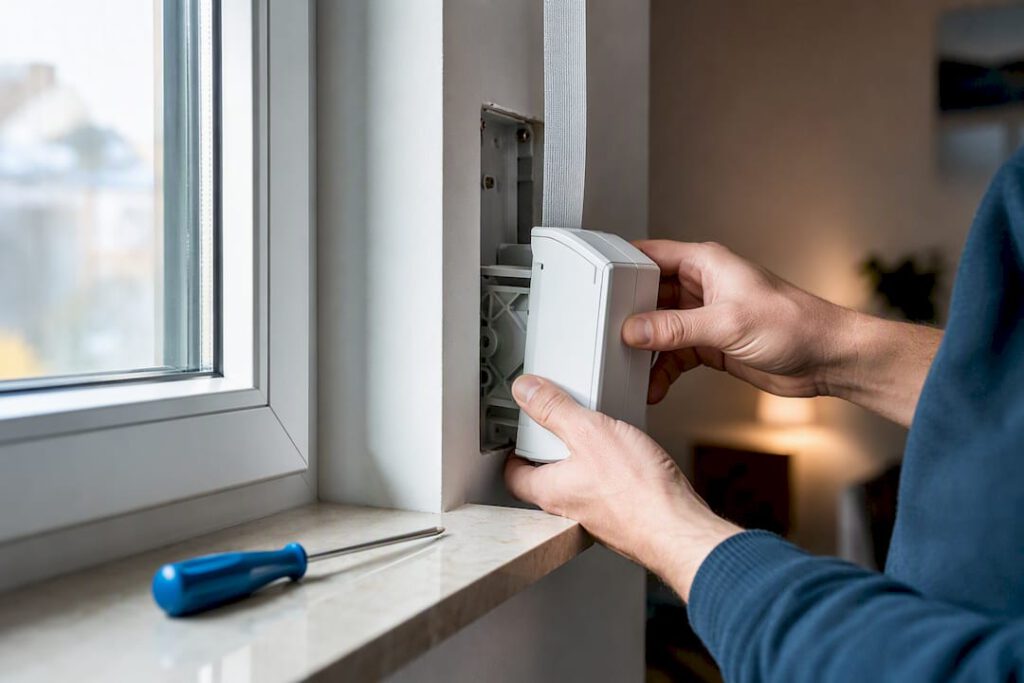 Hände bringen einen elektrischen Gurtwickler an
