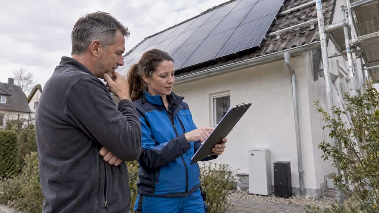 Elektrotechnikerin erläutert Angebot zur PV-Anlagenmontage am Haus Elektrotechnikerin erläutert Angebot zur PV-Anlagenmontage am Haus