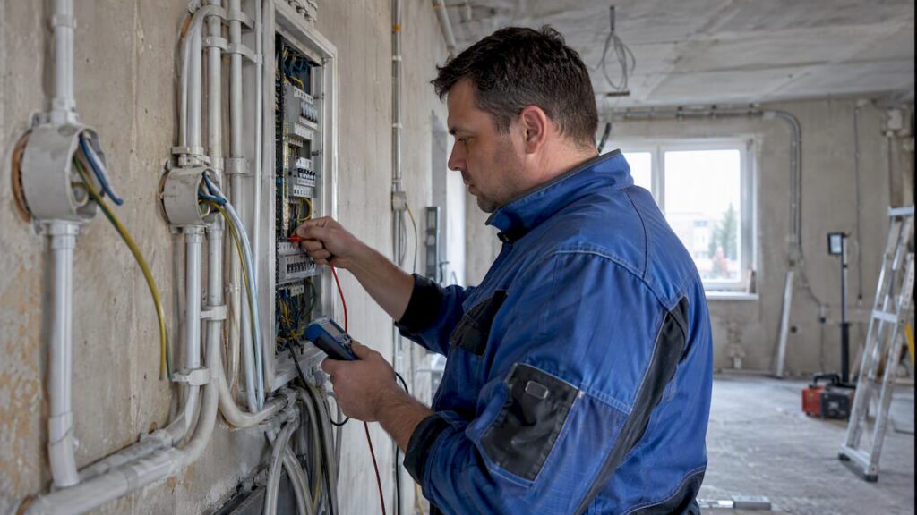 Elektriker kontrolliert die Elektroinstallation im Rohbau