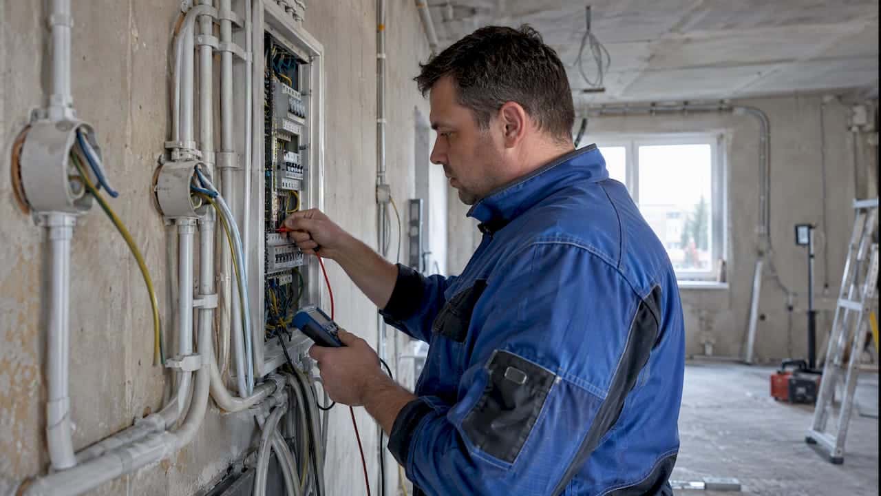 Elektriker kontrolliert die Elektroinstallation im Rohbau